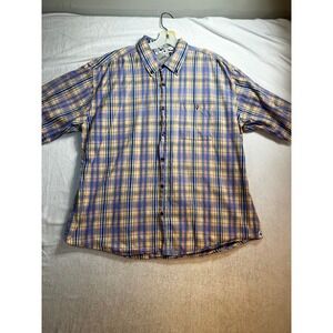 Enro‎ Vintage Mens XL Short Sleeve Plaid Button Down Shirt Blue Floral Trim